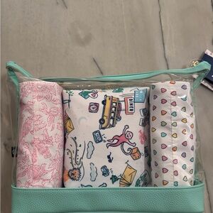 Roller Rabbit Clear Travel Pouch with Mint Trim and Patterned Inserts